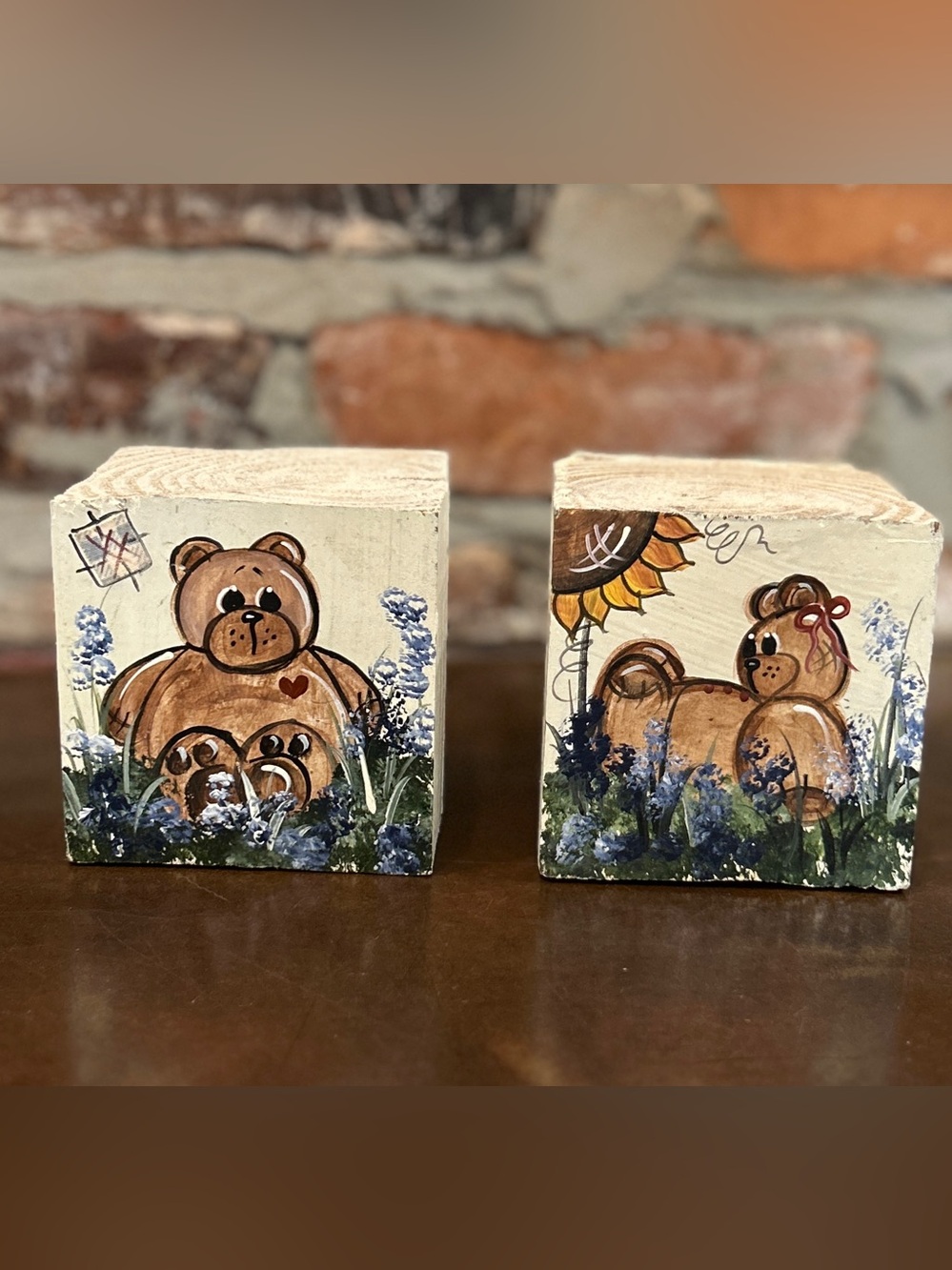 Vintage 1996 Cindy Matlock Hand Painted Teddy Bear Wood Blocks Set of 2